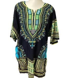 Wonder Wear Womens XL African Inspired Print Short Sleeve Cotton Long Tunic Top